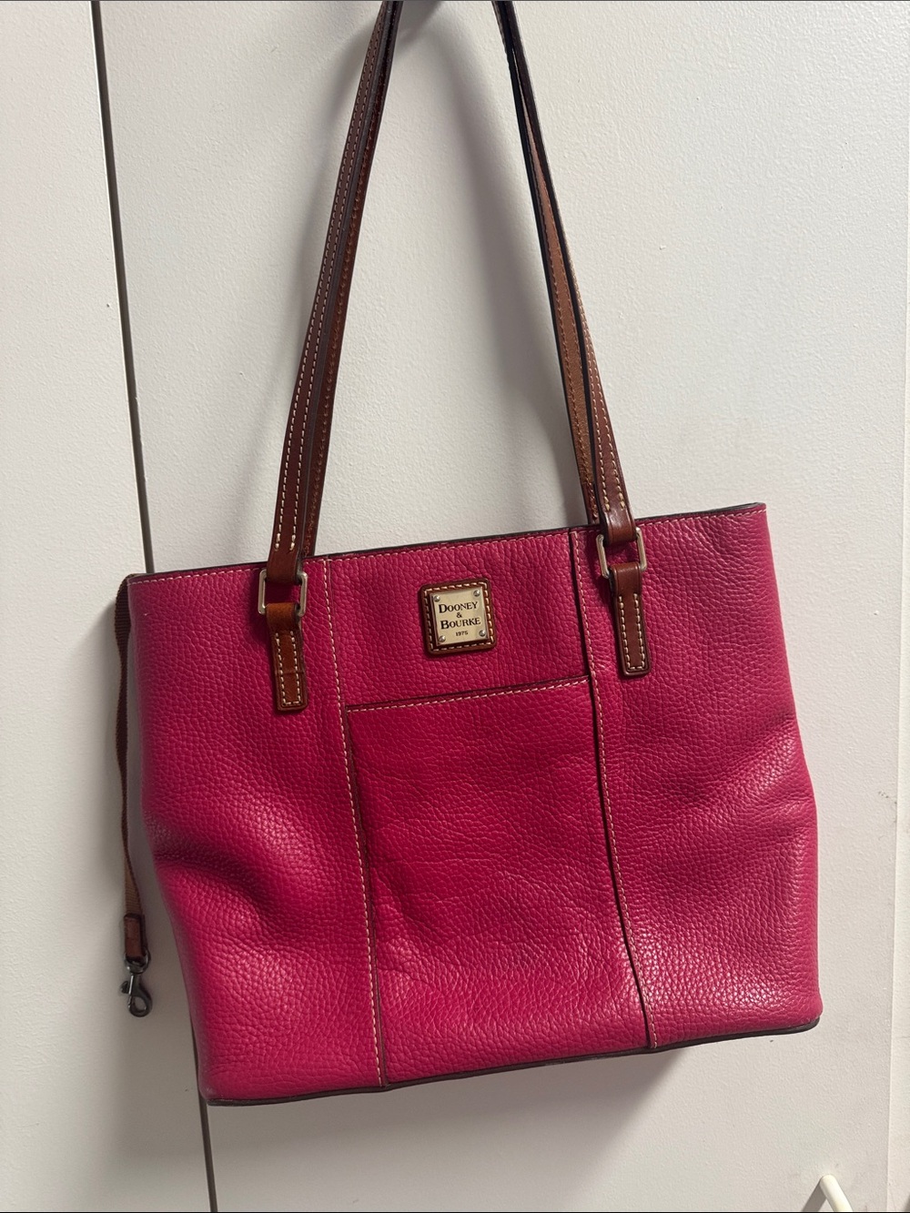 Dooney & Bourke Fuchsia Pebbled Leather Shoulder Tote with Brown Straps